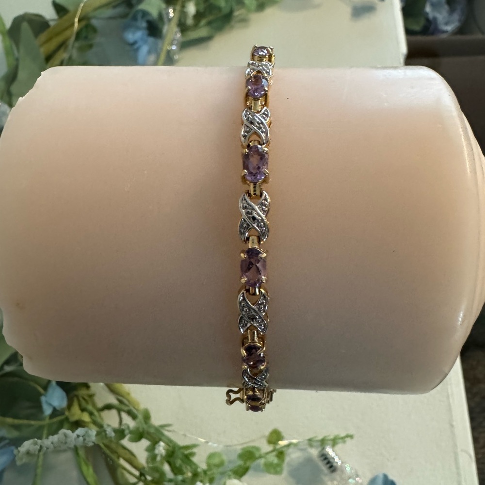 Vintage 925 Gold Plated Sterling Silver Amethyst & Diamond Chip Bracelet 8"